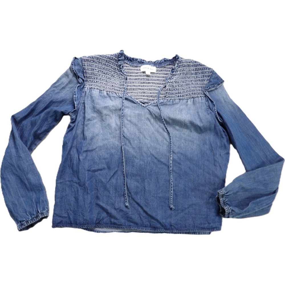 Cloth & Stone Women S Tencel Chambray Smocked Boho Peasant Tie Neck Blouse LS